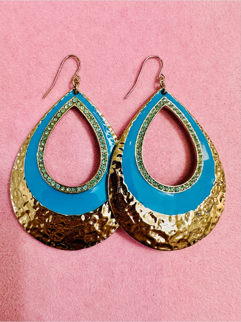 NWT Turquoise Blue Gold Rhinestone Teardrop Statement Earrings